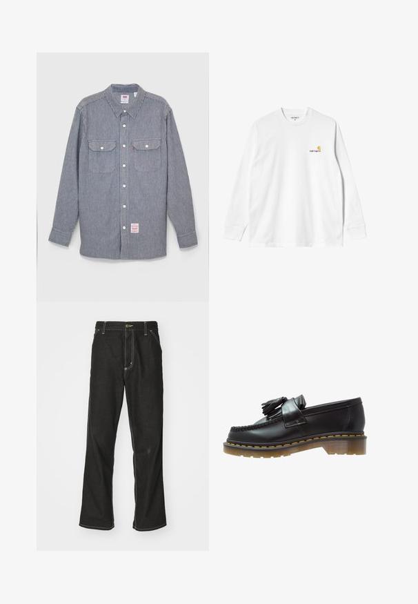 Levi's® Workwear CLASSIC WORKER WORKWEAR - Košile - t3 mt washington hic; Bílý bavlněný tričko s dlouhými rukávy a kulatým výstřihem, na levé části hrudi se nachází malé logo v žluté a burgundské barvě. Bezšvové manžety a lem.; Černé denimové džíny s volným střihem, s kontrastním bílým prošíváním, zapínáním na knoflík a rovnými nohavicemi.; Černé kožené mokasíny s texturovaným povrchem, zdobené dekorativním třásněm a kontrastním žlutým prošíváním, na robustní průhledné podrážce.