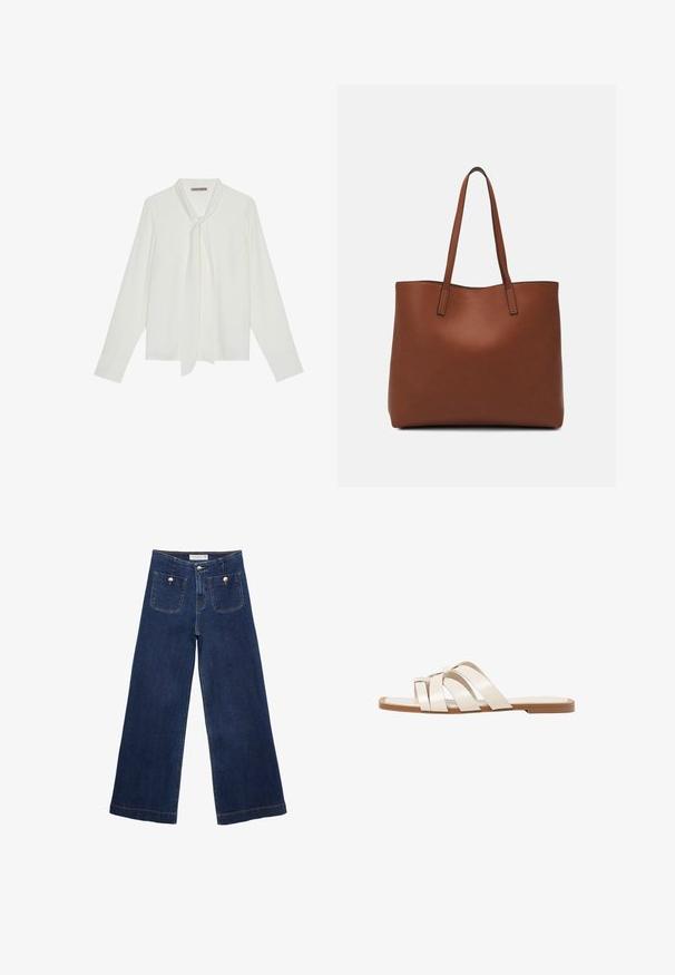 Bijela bluzica s dugim rukavima, izrađena od glatke tkanine, s vezicom oko vrata i krojenim manžetama. Jednostavan, klasičan dizajn bez uzoraka.; Tamno plave široke traperice izrađene od denima, s dva prednja džepa ukrašena dugmadima i ravnim rubom.; Ravne sandale s smeškom od gume, dizajnirane s tri preklapajuće bele kožne trake i malim detaljem mašne u sredini.; Smeđa kožna torba preko ramena s glatkom teksturom, otvorenim vrhom i dvjema naramenicama. Ima minimalne šavove i nema vidljivog hardvera.