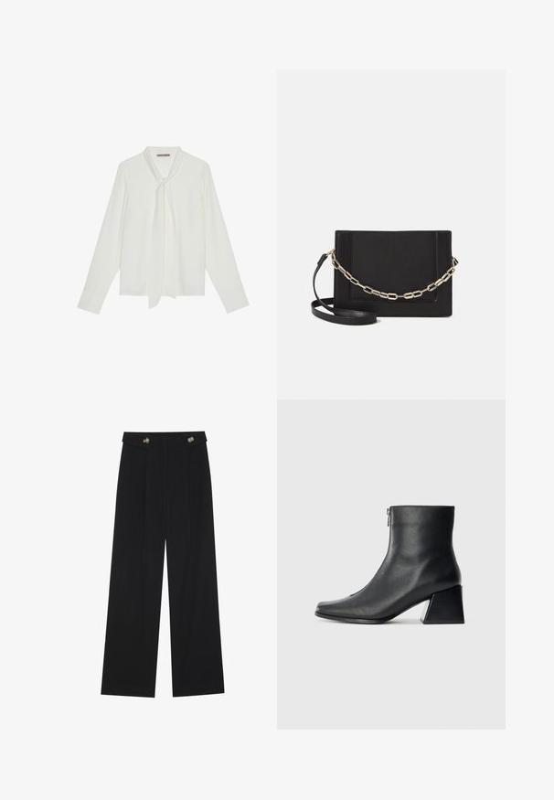 Witte blouse met lange mouwen van gladde stof, voorzien van een strik bij de hals en op maat gemaakte manchetten. Eenvoudig, klassiek ontwerp zonder patronen.; Zwarte wijde broek met hoge taille, knoopdetails op de tailleband en plooien aan de voorkant.; Zwarte leren enkellaars met vierkante neus, zijrits en blokhak tegen een effen lichte achtergrond.; Zwarte leren schoudertas met een gladde textuur, rechthoekige vorm en een metallic kettingdetail aan de voorkant. Verstelbare schouderband inbegrepen.