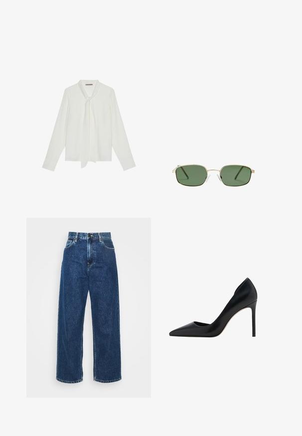 Weiße Bluse mit langen Ärmeln aus glattem Stoff, mit einer Schleife am Kragen und taillierten Manschetten. Schlichtes, klassisches Design ohne Muster.; Helle blaue Denim-Breitbeinhosen mit hoher Taille, sichtbaren Nähten und normalen Taschen. Verfügt über einen Knopf- und Reißverschluss.; Mango High Heel Pumps - black; Sonnenbrille mit einem goldenen Metallrahmen, grünen Gläsern, rechteckiger Form und klaren Kunststoff-Nasenpads. Dünne, schlanke Bügel mit minimalistischem Design.; Burgunderfarbene Lederhandtasche mit geschwungener Form, goldenen Beschlägen und strukturiertem Finish. Verfügt über einen Reißverschluss und einen verstellbaren Schulterriemen.