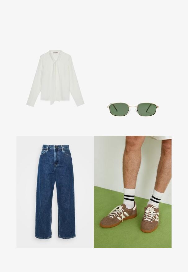 Weiße Bluse mit langen Ärmeln aus glattem Stoff, mit einer Schleife am Kragen und taillierten Manschetten. Schlichtes, klassisches Design ohne Muster.; Helle blaue Denim-Breitbeinhosen mit hoher Taille, sichtbaren Nähten und normalen Taschen. Verfügt über einen Knopf- und Reißverschluss.; Braune Wildleder-Sneaker mit weißen Akzenten und Schnürsenkeln. Gummisohle in Kautschuk-Optik. Getragen mit weißen Socken, die schwarze Streifen haben. Grüner strukturierter Fußboden.; Sonnenbrille mit einem goldenen Metallrahmen, grünen Gläsern, rechteckiger Form und klaren Kunststoff-Nasenpads. Dünne, schlanke Bügel mit minimalistischem Design.; Burgunderfarbene Lederhandtasche mit geschwungener Form, goldenen Beschlägen und strukturiertem Finish. Verfügt über einen Reißverschluss und einen verstellbaren Schulterriemen.