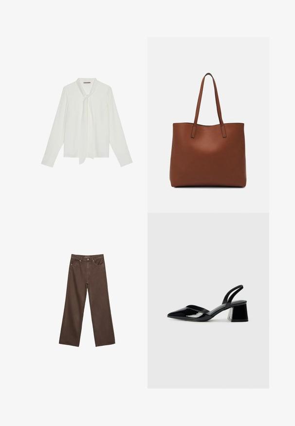 Bela bluza z dolgimi rokavi iz gladkega materiala, ki ima zavezo okoli vratu in prilagojene manšete. Preprost, klasičen dizajn brez vzorcev.; Široke rjave kavbojke iz denima, ki imajo visok pas, sprednje žepe in klasično zapiranje na gumb. Gladka tekstura s subtilnim šivom.; Črne lakirane slingback pete s koničastim nosom in geometrijsko blokasto peto. Imajo eleganten, minimalističen dizajn in gladko teksturo.; Rjava usnjena torba z gladko teksturo, odprto zasnovo zgoraj in dvema naramnima trakovoma. Opremljena je z minimalnim šivanjem in brez vidnih kovinskih delov.