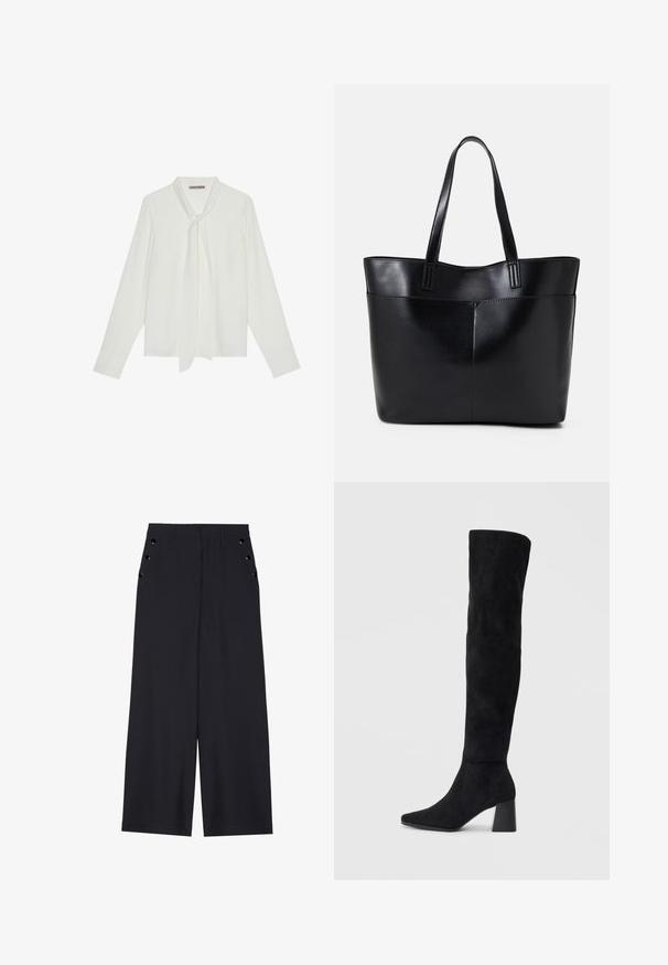 Baltas garām piedurknēm blūze, kas izgatavota no gludas auduma, ar kakla saišu un pielāgotām aprocēm. Vienkāršs, klasiskā dizaina bez rakstiem.; Platīsara bikses tumši zilā audumā, kurām ir gluda tekstūra, priekšējie kroki un dekoratīvi zeltaini acs pie sānu kabatām.; Melna zamšāda līdz ceļiem, ar blokveida papēdi, norādītu purngalu un gludu, bezšuvju dizainu uz vienkārša gaiša fona.; Melnas ādas iepirkumu soma ar divām garām rokturām, gludu tekstūru un strukturētu formu. Iekļauj priekšējo kabatu papildu uzglabāšanai.