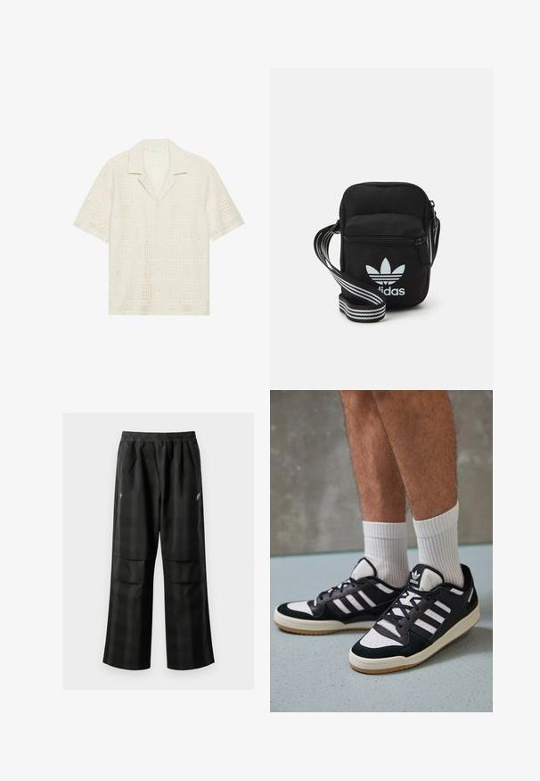 Kortermet skjorte i lys kremfarget stoff, med et teksturert, perforert design med firkantede mønstre og spiss krage.; Svarte rutete bukser med elastisk midje, to frontlommer og løs passform med rett ben-design. Laget av lett materiale.; Sorte og hvite sneakers med overdel i semsket skinn og lær, med tre hvite striper, perforert tå og en såle av gummi.; Svart stoff crossbody veske med glidelås, med en hvit Adidas-logo og enstripet justerbar stropp for enkel bæring.; Hvit perlekjede med en enhetlig rund form, glatt overflate, og metallspenne med en forlengelseskjede for justerbar lengde.