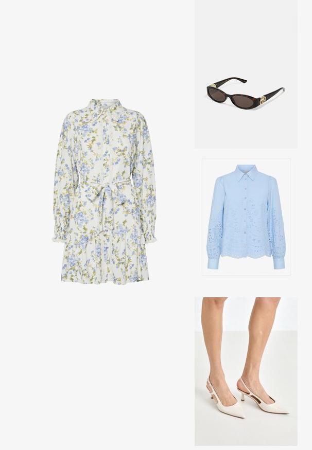 Jasnoniebieska bluzka z guzikiem z przodu, z wyciąganym kołnierzykiem, długimi bufiastymi rękawami i haftowanym wzorem w oczka. Detal w postaci falbaniastego wykończenia dołu.; Kwiatowa sukienka w bieli z niebieskimi i zielonymi kwiatami, z kołnierzykiem, zapinana na guziki z przodu, z długimi rękawami z elastycznymi mankietami i paskiem w talii.; Beżowe lakierowane szpilki z odkrytą piętą, zakończone spiczastym noskiem i 5 cm obcasem, z wyciętymi bokami oraz cienkim paskiem na kostce.; Słoneczne okulary w kolorze żółwi z wydłużonymi owalnymi soczewkami, brązowym odcieniem, złotymi akcentami logo na zausznikach oraz smukłymi czarnymi ramionami.; Beżowa torebka w wzory o zakrzywionym kształcie, z skórzanymi akcentami i złotym logo z przodu. Posiada krótki uchwyt, co ułatwia noszenie.; Naszyjnik z pereł i kryształów o okrągłym, koralikowym wzorze w jasnych odcieniach, z naprzemiennie umieszczonymi perłami i błyszczącymi akcentami, noszony na szyi.