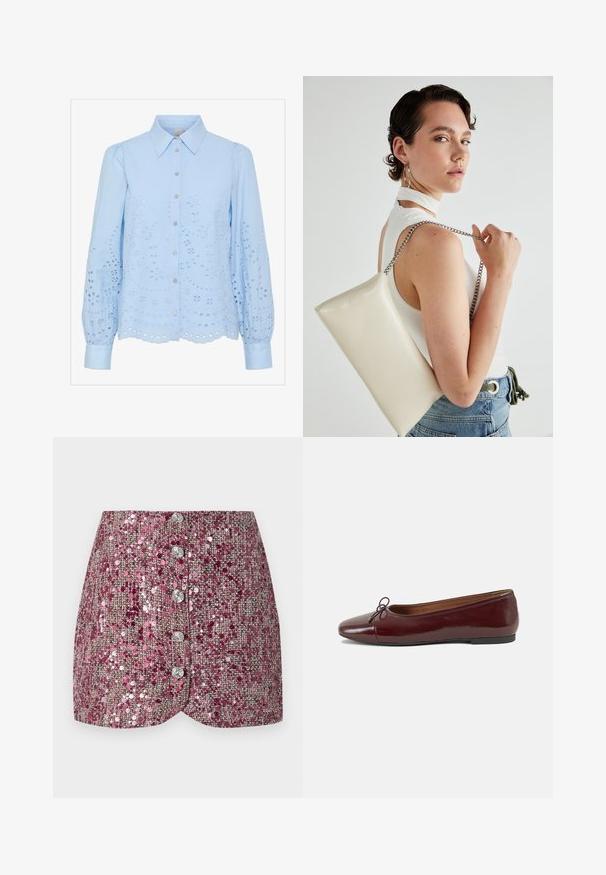 Světle modrá blůza s knoflíkovým zapínáním vpředu, špičatým límcem, dlouhými nabíranými rukávy a vyšívaným designem s očky. Detail s vlnkovaným lemem.; Růžová sukně s flitry a texturovaným tkaním, má přiléhavý střih a pět stříbrných knoflíků vpředu. Tvarovaný lem a třpytivé akcenty.; Burgundské lakové baleríny s kulatou špičkou, malou mašlí vpředu a nízkou černou gumovou podrážkou. Hladký povrch.; Bílá obdélníková psaníčko vyrobené z lesklého materiálu, se stříbrným řetízkovým popruhem. Modelka pózuje a předvádí tašku na jednobarevném pozadí.