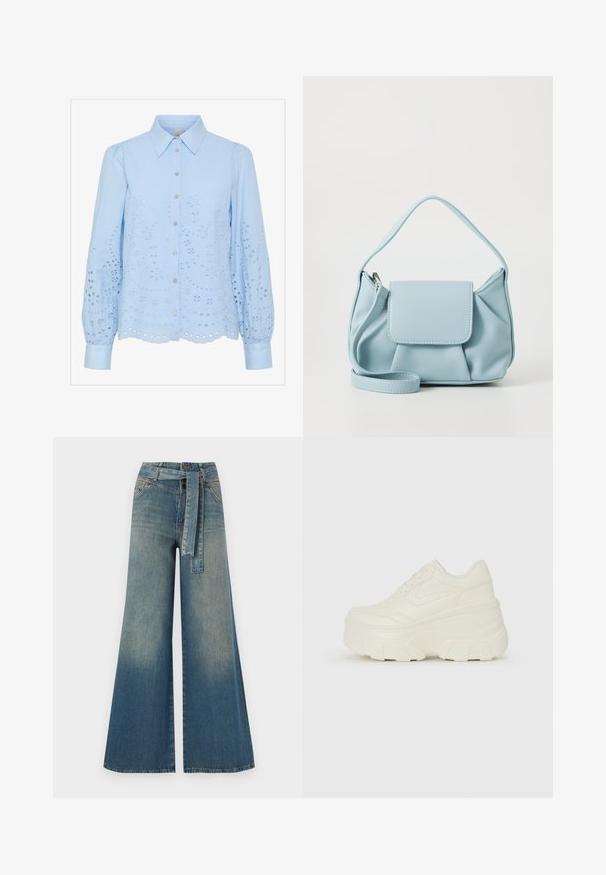 Világoskék blúz gombos elülső részel, hegyes gallérral, hosszú puffos ujjakkal és hímes lyukasztott mintával. Hullámos szegélydíszítés.; Bőszárú farmernadrág, világos és sötétkék árnyalatokkal, magas derekú, övgyűrűkkel és a nadrággal megegyező anyagú övvel. Textúrált farmer kivitel.; Fehér platform sportcipők, sima bőrszerű felsőrésszel, kerek formával, párnázott bokával és texturált gumitalppal, jól definiált mintázattal.; Világoskék bőrtáska, felső fogantyúval, elülső fedélzsebkémmel és levehető csuklószíjjal, fehér háttér előtt.