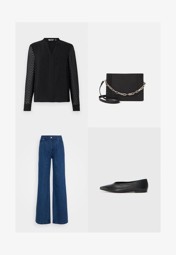 Svart blus med V-ringning och långa ärmar, prydd med strukturerat, genomskinligt tyg med chevronmönster. Enkel design, mjukt material.; Breda blå denimjeans med hög midja, framknäppning med knapp och dragkedja, samt fram- och bakfickor mot en neutral bakgrund.; Svart läderballetflat, spetsig tå, minimalistisk design, slät textur, låg klack, ingen synlig hårdvara eller utsmyckningar.; Svart läder crossbody-väska med en slät yta, rektangulär form och metallickedjedetalj på framsidan. Justerbar rem ingår.; Silver ring med dubbel band och en slät, polerad yta. Har en flödande, böjd design med överlappande sektioner för en modern stil.