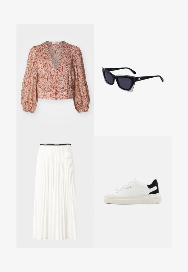 Virágmintás piros és krém színű blúz mély V-kivágással, puffos ujakkal és gombos záródással elöl. Könnyű, textúrált anyag.; Plisszírozott fehér szoknya fekete elasztikus derékkal, amelyen a "LACOSTE" logó található. Középhosszú kialakítás, puha tapintással.; Fehér bőr sportcipők vastag fehér talppal, fekete velúr sarokpikkelyel és dombornyomott logóval az oldalon. Fűzős kialakítás, hat fűzőlyukkal.; Fekete, nagyméretű napszemüveg geometrikus formával, sötét lencsékkel és kontrasztos szürke részlettel a kereten. Logó a szárán.; Ezüst karika fülbevalók sima, fényes felülettel. Lekerekített forma, könnyű kialakítással, tűs zárómechanizmussal.