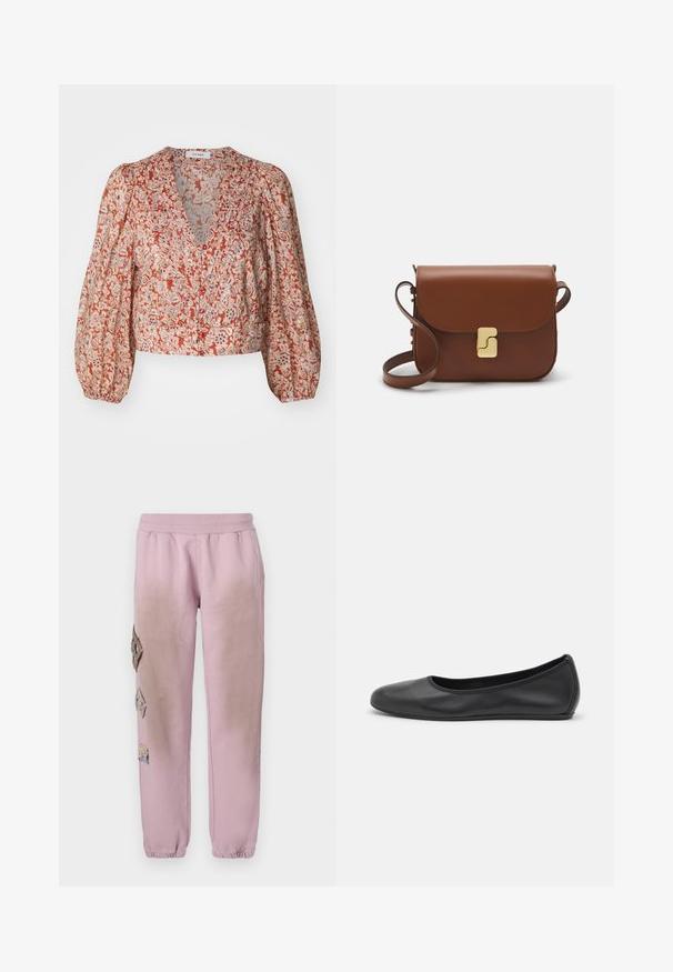 Ziedu raksta sarkans un krēmkrāsas blūze ar dziļu V veida izgriezumu, puff piedurknēm un pogu aizdari priekšpusē. Viegls, teksturēts audums.; Rozā sporta bikses ar elastīgu jostu, kurām labajā pusē ir dekoratīvi uzliktni dimanta formā un elastīgas apkakles pie potītēm.; Melna ādas baleta kurpe ar noapaļotu purngalu, gludu tekstūru, minimālu šuvju detalizāciju un elastīgu zoles dizainu.; Bordo ādas rokas soma ar atloku, zeltītām detaļām, plecu siksnu un gludu virsmu. Kompakta, taisnstūrveida forma.