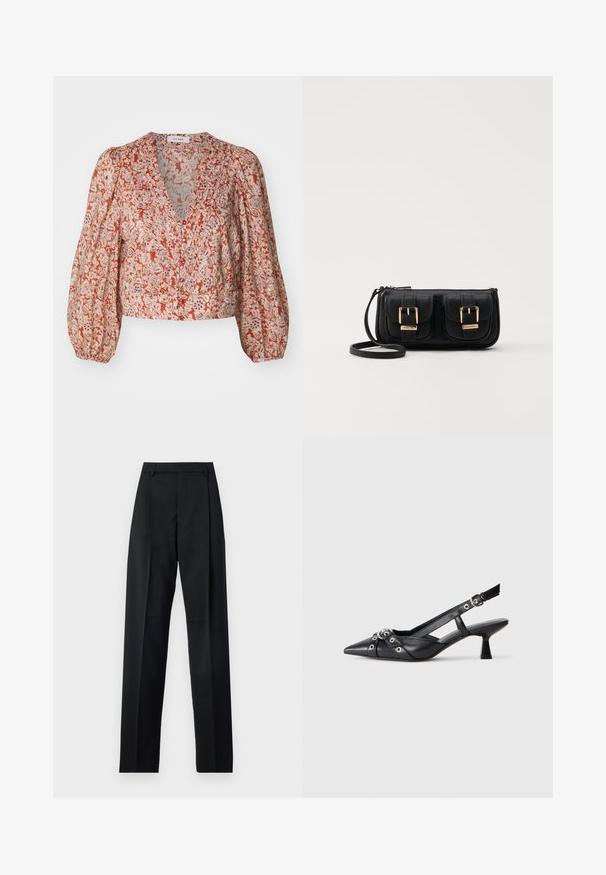 Lillelille florialine musteriga punane ja kreemjas pluus, sügava V-kaelusega, puhv-ktdega ja ees nupuga. Kerge, tekstureeritud kangas.; Mustad püksid siledast kangast, millel on kõrge vöökoht, laiad jalad, esimesed kortsud ja klassikalised vööloopid. Küljepockets pole nähtavad.; Must must have must toote tõmblukuga, dekoratiivsed rihmad metallist silmadega ja madal blokk-kand. Tekstureeritud pind.; Must küllastamata nahast õlakott, millel on kaks esist nähtavat taskut, kuldsed pandlad, tõmblukuga sulgemine ja peen rihm. Tekstuuriga pind ja kompaktne ristkülikukujuline kuju.