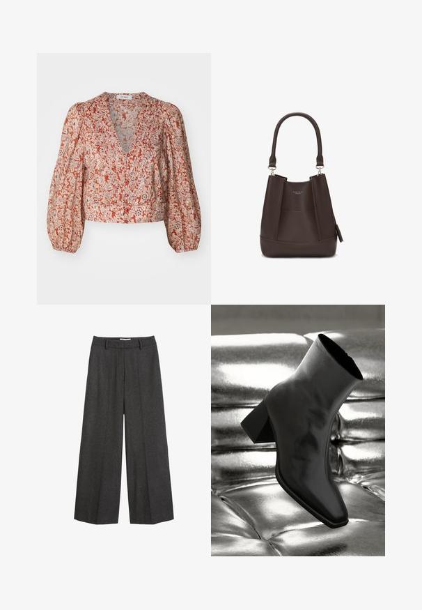 Bluză cu model floral roșie și crem, cu decolteu adânc în V, mâneci bufante și închidere cu nasturi în față. Material texturat, ușor.; Pantaloni cu picioare largi dintr-un material gri închis. Prezentă un brâu ajustat cu bucle pentru curea, textură netedă și accente de cusătură minime.; Cizme negre până la gleznă, realizate dintr-un material lucios, cu vârf pătrat și toc conic, plasate pe un fundal strălucitor de argint, cu un model tuftat.; Carlheim ADALINE - Geantă de mână - brown