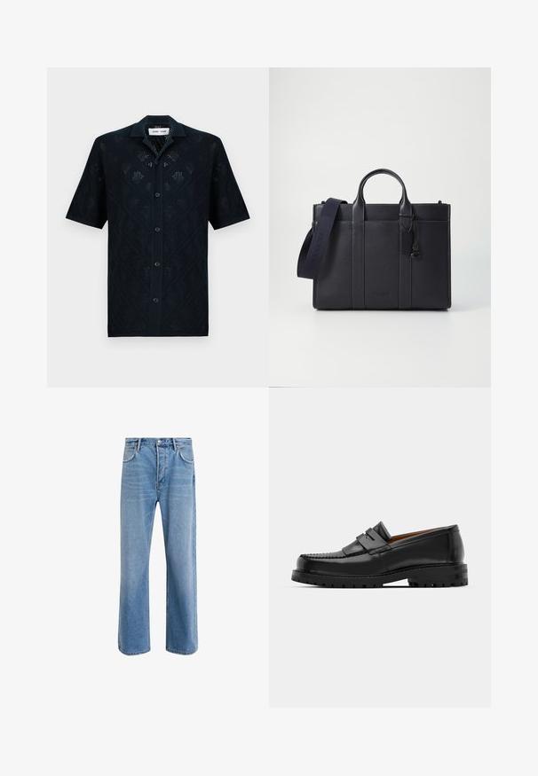 Short-sleeved navy shirt with a diamond pattern, crafted from textured fabric, featuring a collared neckline and front buttons.; Light blue denim jeans with a straight-leg design, five pockets, button closure, minimal fading, and contrasting stitching details.; Black leather loafers feature a raised seam, two decorative straps on the upper, and a thick textured sole for added grip.; Dark navy leather briefcase with dual top handles and a detachable strap. Features textured finish, vertical stitching, and logo detail.