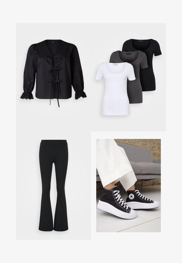 Vero Moda Curve VMCSEHRA FRONT TIE - Blouse - black; Trois T-shirts ajustés en blanc, gris et noir. Chacun présente un décolleté large et des manches courtes. Fabriqués en tissu lisse et extensible.; Pantalon évasé noir en tissu extensible, présentant une taille haute et une texture lisse. Le pantalon s'élargit à partir du genou.; Baskets montantes en toile noire avec semelles et lacets en caoutchouc blanc. Elles présentent un logo circulaire sur le côté et un contraste de coutures blanches.