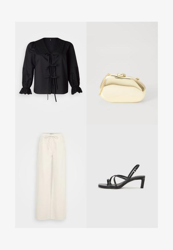 Vero Moda Curve VMCSEHRA FRONT TIE - Bluză - black; Pantaloni largi din material de bumbac off-white, cu un talie elastică cu șnur și buzunare laterale. Textură netedă, design minimalist.; Sandal cu barete negre, cu vârf pătrat și toc mic de bloc. Prezintă mai multe barete subțiri și o bareta ajustabilă la gleznă. Fabricat din piele netedă.; Clutch metalizat de culoare aurie, cu o formă netedă și rotundă, având un închizător tip buton în partea de sus și o curea mică pentru purtare.