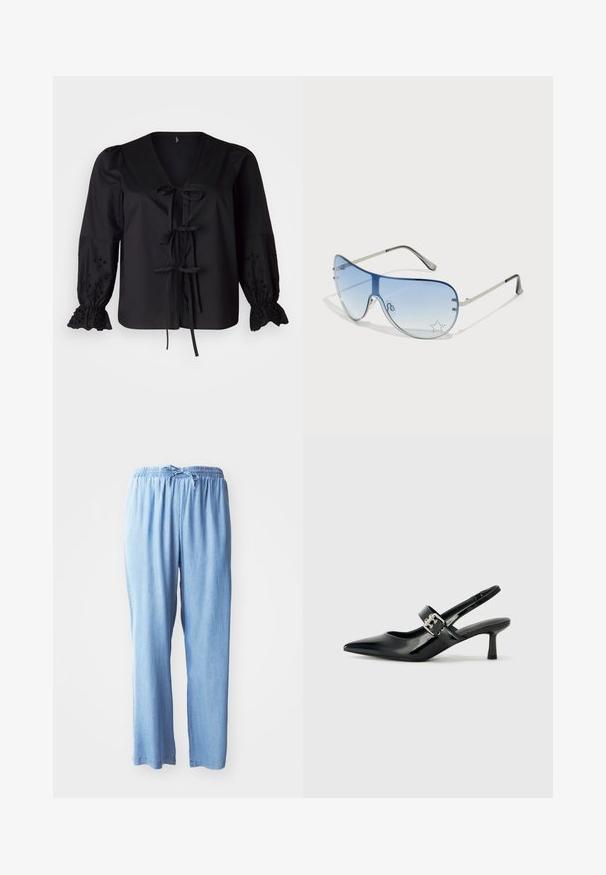 Vero Moda Curve VMCSEHRA FRONT TIE - Blouse - black; Pantalons bleu clair, coupe décontractée en tissu doux avec taille élastique et cordon de serrage ajustable, présentant des jambes droites et sans poches.; Escarpins slingback en cuir verni noir avec un bout pointu et un petit talon bloc, mettant en avant un accent en boucle argentée sur la sangle.; Lunettes de soleil aviateur avec des verres dégradés bleus, une monture en métal argenté et des accents décoratifs en forme d'étoile sur les verres. Design lisse et élégant.