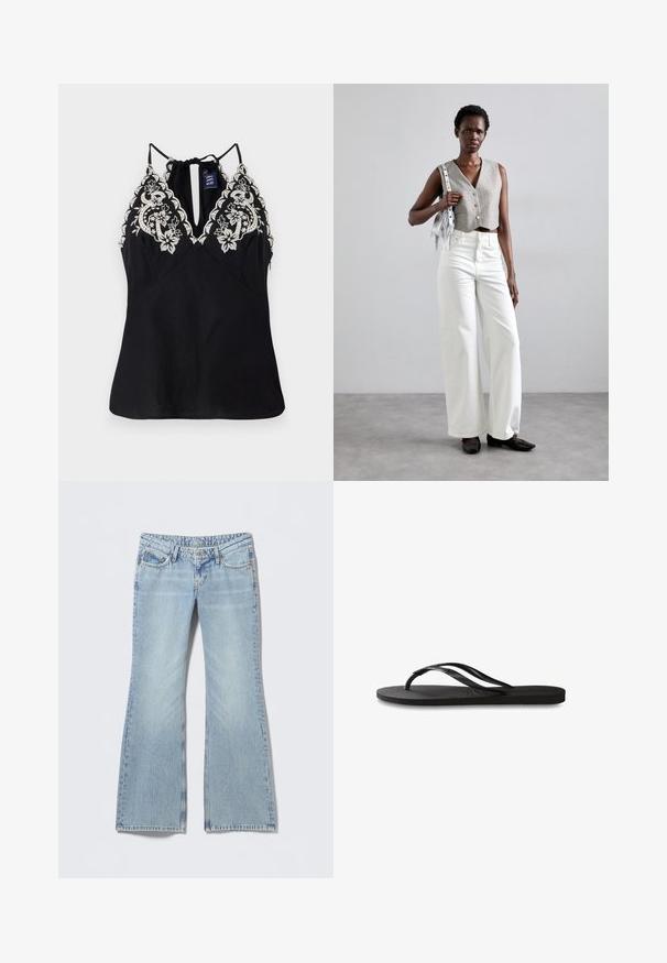 Melnas bezpiedurkņu blūze ar dziļu kakla izgriezumu, kas rotāta ar sarežģītu baltu ziedu izšuvumu uz pleciem un ar saišu detaļu aizmugurē.; Gaiši zilas zvērinātas džinsa bikses ar izbalējušu apdari, piecu kabatu dizainu un kontrastējošām šuvēm. Kokvilnas džinsa audums ar gludu tekstūru.; Melni čības ar teksturētu gumijas zoli, divām plānām siksniņām un smalku, iespiedotu logotipa detaļu uz siksniņas.; Pelēks īss vests ar pogām, apvienots ar baltām platām biksēm un melniem plakanajiem apaviem. Aksesuārs - mazs sudraba frizētājs.