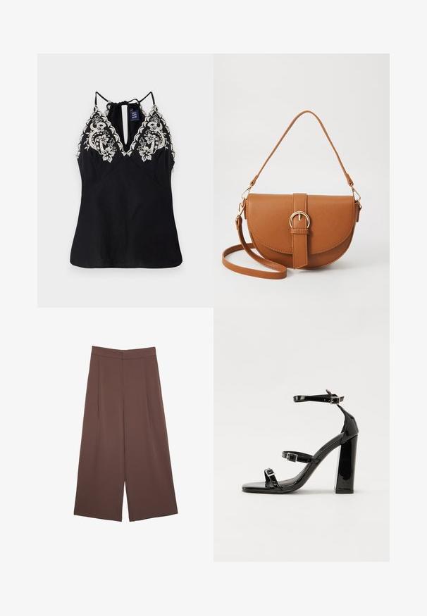 Črna brezrokavna majica z globokim izrezom, ki ima zapleteno belo cvetlično vezenje ob ramenskih delih in detajl za zavezovanje na hrbtu.; Rjave široke hlače z gladko teksturo, ki imajo visok pas in sprednje naborke. Tkanina je lahka in prosto pada.; Črne lakirane sandale s peto, kvadratnim prstom, trakovi okrog gležnja in srebrnimi zaponkami. Opremljene so s stabilno Debelo peto.; Rjava usnjena torbica prek telesa s ukrivljeno obliko, zlate opreme in sponko. Ima odstranljiv naramni trak.