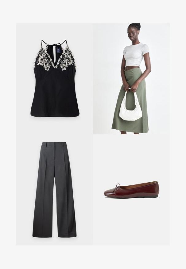 Top senza maniche nero con scollatura profonda, caratterizzato da un intricato ricamo floreale bianco lungo le spalle e un dettaglio con laccetto sulla schiena.; Pantaloni a gamba larga in tessuto grigio scuro, con vita alta, pieghe singole e una texture liscia con una finitura pulita sui orli.; Ballerine in pelle verniciata bordeaux con punta arrotondata, piccolo fiocco decorativo sulla parte anteriore e suola bassa in gomma nera. Texture liscia.; Top crop a coste grigio e gonna a vita alta verde oliva. Il modello tiene una borsa a spalla bianca con dettagli intagliati. Design semplice, silhouette aderente.