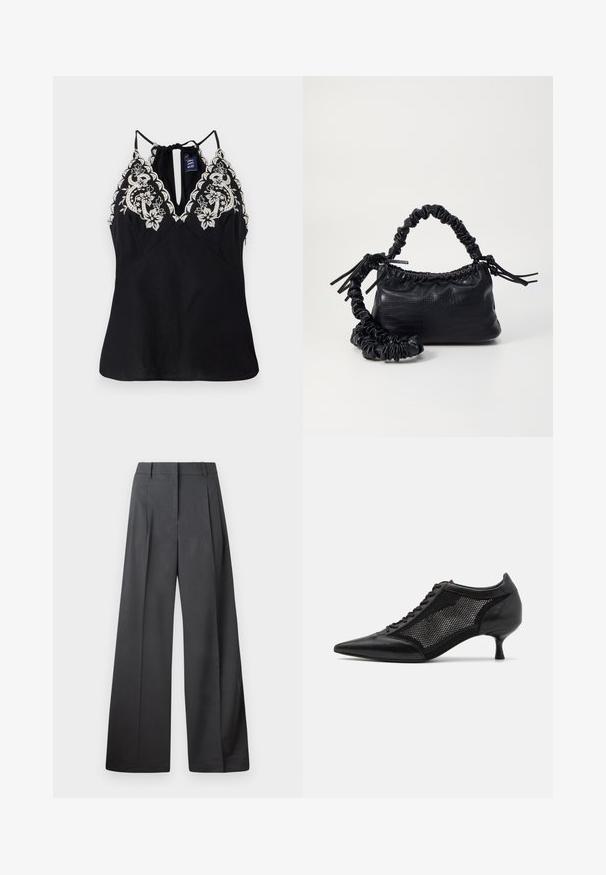 Svart ermeløs topp med dyp utringning, prydet med intrikate hvite blomsterbroderier langs skuldrene og en knyttedetalj på ryggen.; Vide bukser i mørkegrått stoff med høy livlinje, enkel press, og en glatt tekstur med en ren finish på ermekantene.; Svart spiss tå-sko med meshpaneldesign, med lav hæl og snøring foran. Laget av en kombinasjon av lær og meshmateriale.; Svart faux skinn-håndveske med krokodilletekstur, strammet topp og en rynket stropp. Ser myk og kompakt ut i designen.