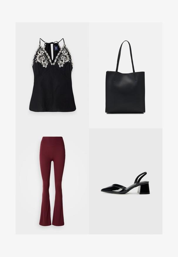 Mustat ilmanhihaisat toppi syvällä dekolteella, jossa on hienostunutta valkoista kukka-ompelua hartioilla ja takanauhat yksityiskohtana.; Korkeavyötäröiset, syvänpunaiset legginsit, joissa on muotoiltu reisi ja levenevä pohje neutraalilla taustalla.; Mustat patentoitu nahkakengät, joissa on säären takaosa ja terävä kärki, sekä geometrinen palikkakorko. Sisältää tyylikkään, minimalistisen muotoilun ja sileän pinnan.; Mustapahkainen kangaskassi, jossa on sileä pinta, suorakaiteen muotoinen ja kaksi pitkää kahvaa. Ei näkyvää metalliosaa tai koristeita.