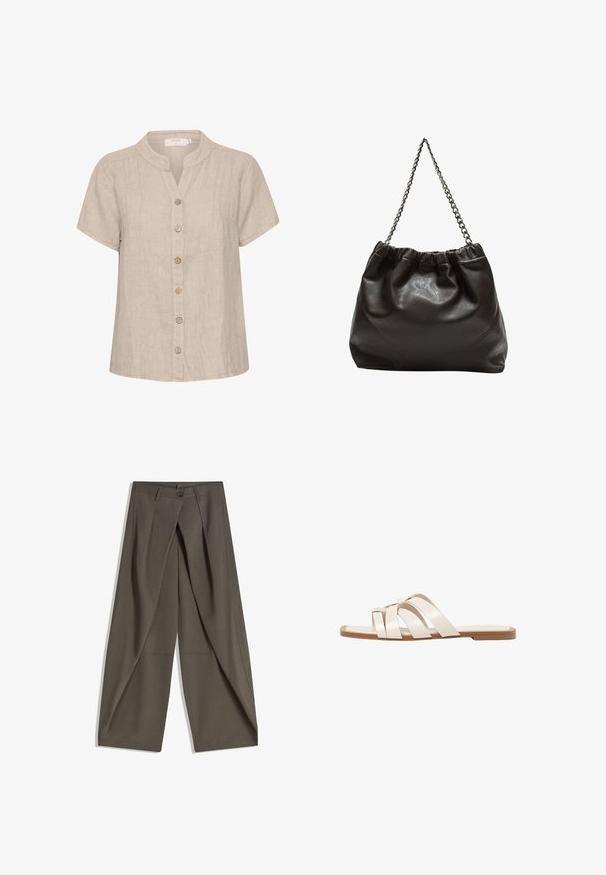 Lys beige knap-up skjorte med mandarinkrave, korte ærmer og for-pletter. Har træknapper og en afslappet, firkantet pasform.; Vide bukser lavet af et struktureret, mørkegråt stof. Har en frontfald, knaplukning og sidelommer for praktisk anvendelse.; Flade sandaler med en lys gummisål, designet med tre overlappende hvide læderremme og en lille sløjfe detalje i midten.; Brun lædertaske med en rynket top og en kædestrop. Glat tekstur med en blank finish og subtile sømdetaljer på siderne.