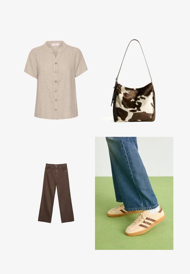 Svetlo bež srajca s katero lahko zakopčate do vratu, kratkimi rokavi in sprednjimi gubami. Ima lesene gumbe in sproščen, kvadratast kroj.; Široke rjave kavbojke iz denima, ki imajo visok pas, sprednje žepe in klasično zapiranje na gumb. Gladka tekstura s subtilnim šivom.; Bež teniske z teksturiranimi kremnimi paneli in rjavimi črtami, v kombinaciji z modrimi kavbojkami. Kavbojke imajo široke hlačnice in raztrgan rob.; Rjav in krem torba iz kravjega usnja s gladkim usnjenim trakom, z zadrgo in mehko, strukturo površino, ki prikazuje naravni vzorec.