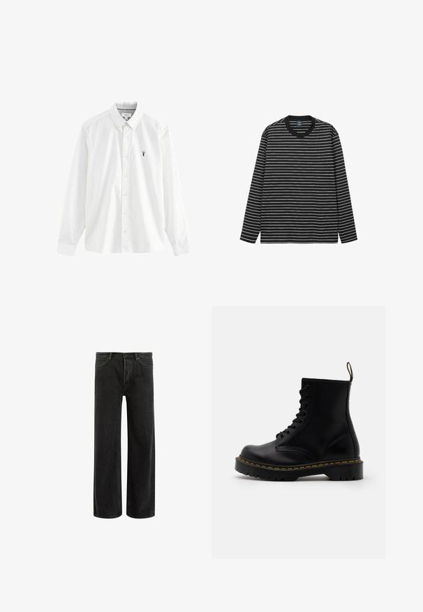 Bijela košulja dugih rukava od pamuka. Ima kragnu na dugme, žute dugmadi i mali mornarički rak na lijevoj strani prsiju.; Majica dugih rukava s crno-bijelim prugama napravljena od mekog pamuka. Ima okrugli izrez i kontrastni crni rebrasti ovratnik.; Crne traperice s širokim nogavicama i visokim strukom, s klasičnim dizajnom pet džepova i suptilnim izbljeđenjem za teksturirani izgled.; Crne kožne gležnjače s vezanjem na prednjoj strani, žutim šavovima, okruglim vrhom i debelim, teksturiranim gumenim potplatom.