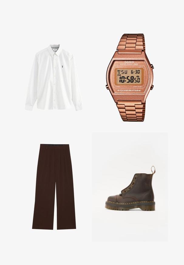 Cămașă albă cu mânecă lungă, făcută din bumbac. Are un guler cu nasturi, nasturi galbeni și un mic logo cu homar marin albastru pe pieptul stâng.; Set de cinci tricouri în negru, verde pal, bej, violet deschis și alb. Fiecare are un guler rotund și mâneci scurte, fiind fabricat din bumbac.; Pantaloni maro, cu picioare largi, cu pliuri. Realizați dintr-un material neted, având o talie cusută și buzunare laterale. Tiv plat la baza.; Bocanci din piele maro, cu vârful rotund, cusături galbene contrastante, ochiuri din metal decorative și o talpă din cauciuc cu caneluri.; Ceas digital Casio cu brățară din metal roz auriu, carcasă rectangulară, display iluminat și rezistență la apă, afişând ora și data.