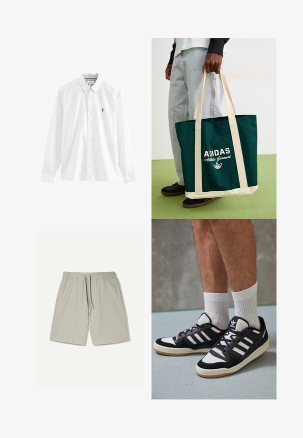 Witte blouse met lange mouwen van katoen. Heeft een button-down kraag, gele knopen en een klein marineblauw kreeftlogo op de linkerborst.; Lichtgrijze sportshorts gemaakt van een gladde, ademende stof. Voorzien van een elastische tailleband met een trekkoord en subtiele zijnaadjes.; Zwart-witte sneakers met een bovenwerk van suede en leer, voorzien van drie witte strepen, een geperforeerde neus en een rubberen gumzool.; Persoon die een donkergroene Adidas-totetas vasthoudt met beige handvatten en bodem, gekleed in lichtgewassen jeans en zwarte schoenen op een groene vloer.