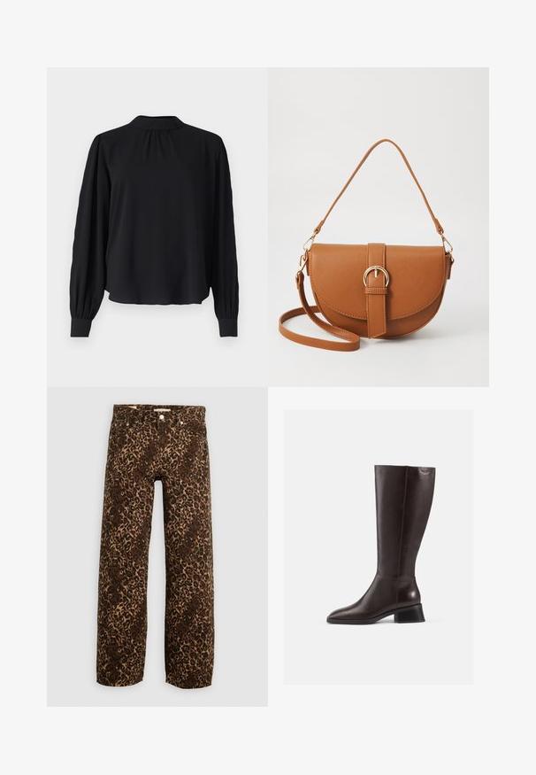 Blusa nera a maniche lunghe con colletto rotondo, dettaglio arricciato sul retro e polsini aderenti. Realizzata in un tessuto morbido e leggero.; Jeans a gamba larga con stampa leopardata in marrone e beige. Realizzati in denim, presentano un classico design a cinque tasche e finiture in metallo.; Stivali in pelle marrone al ginocchio con finitura liscia, punta arrotondata e tacco nero impilato. Design semplice con dettagli hardware minimi.; Borsa a tracolla in pelle marrone con forma curvata, hardware dorato e un dettaglio con fibbia. Presenta una tracolla rimovibile.