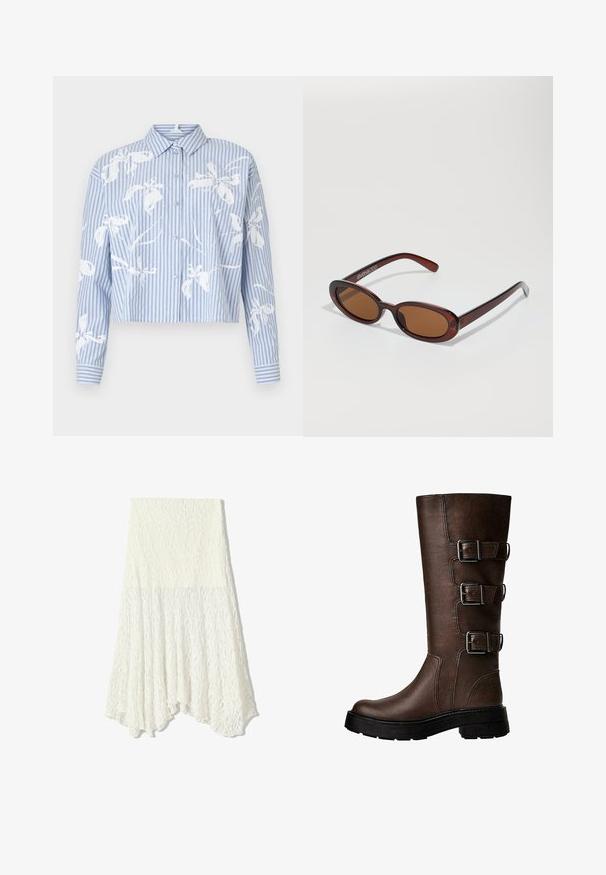 Cropped button-up shirt in light blue and white vertical stripes with large white floral embroidery on the front and sleeves.; White lace skirt with a textured pattern, featuring an asymmetrical hemline and a flowing silhouette, made from lightweight fabric.; Brown leather knee-high boot with three metallic buckles, textured surface, rounded toe, and chunky sole for stability.; Round, brown-tinted sunglasses with a glossy burgundy frame. Slim arms with subtle branding detail. Flat lens design.; Red woven handbag made of leather, featuring a rounded silhouette and a single, thick handle. The texture is smooth with a braided pattern.