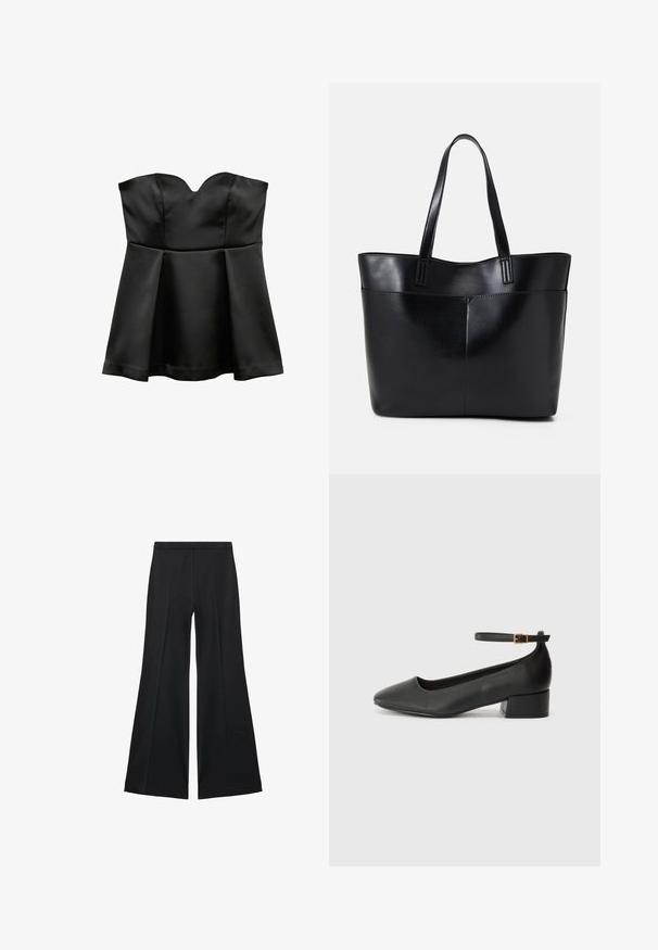 Musta satiininen olkaimeton peplum-toppi sydänkaula-aukolla, sileällä pinnalla ja levenevällä helman muodolla, joka sisältää hienovaraisia saumoja ja siistejä linjoja.; Mustat leveälahkeiset housut, joissa on sileä pinta, etupuolella laskokset ja muotolaskettu malli. Kangas on kevyttä ja laskeutuvaa.; Mustat nahkakengät, joissa on terävä kärki ja matala lohkare korko. Varustettu nilkkahihnalla, jossa on kultasävyinen solki. Lisää sileä pinta.; Musta nahkainen kassi, jossa on kaksi pitkää kahvaa, sileä pinta ja jämäkkä muoto. Sisältää etutaskun lisävarastointia varten.