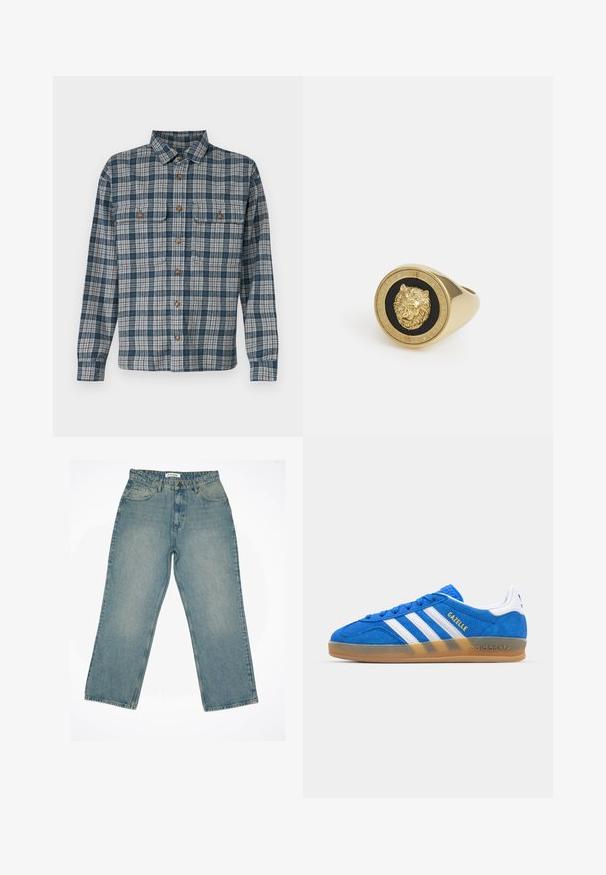 Karirana srajca s kratkimi rokavi, v morsko modri in bež barvni shemi, dolgi rokavi, dvema žepoma na prsih in rjavimi gumbi. Iz bombažne tkanine.; Bela majica s kratkimi rokavi, izdelana iz mehke bombažne tkanine. Ima okroglo ovratnik in sproščen kroj, z gladko teksturo in preprostim, neopremljenim dizajnom.; Svetlo modri traper hlače z visokim pasom in širokimi hlačnicami. Imajo sprednje žepe, zadrgo in vidne šive.; Modre semiš tene z belimi črtami in besedilom "Gazelle". Imajo gumijast podplat in strukturirane dodatke na zgornjem delu. Klasična zasnova.; Zlati prstan z dvignjenim motivom leva na črni podlagi, obdan s krožno obrobo, vklesano z imenom blagovne znamke.