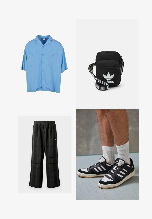 Urban Classics RESORT - Krekls - horizonblue; Melnas kvadrātveida bikses ar elastīgu jostu, divām priekšējām kabatām un brīvu piegriezumu ar taisnām kājām. Izgatavotas no viegla materiāla.; Melnas un baltas kedas ar zamša un ādas augšdaļu, kas aprīkotas ar trim baltām svītrām, perforētu purngali un gumijas zolēm.; Melna auduma crossbody soma ar rāvējslēdzēja aizdari, kurai ir balts Adidas logo un svītrainas regulējamas siksnas ērtiem pārvietošanās veidiem.