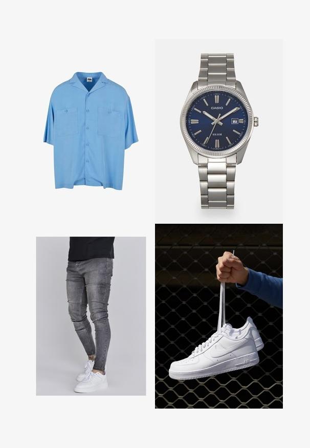 Urban Classics RESORT - Overhemd - horizonblue; Skinny jeans in vervaagd grijs denim, met versleten details op de knieën, gecombineerd met witte sneakers. Gladde textuur, slank model.; Witte leren sneakers met perforaties, ronde neus, vlakke zool en dikke veters, met een zichtbare swoosh-logo en "AIR" op de hiel.; Zilveren roestvrijstalen horloge met een marineblauwe wijzerplaat, metalen uurmarkeringen en een datumnis op 3 uur. Waterbestendig tot 50 meter.