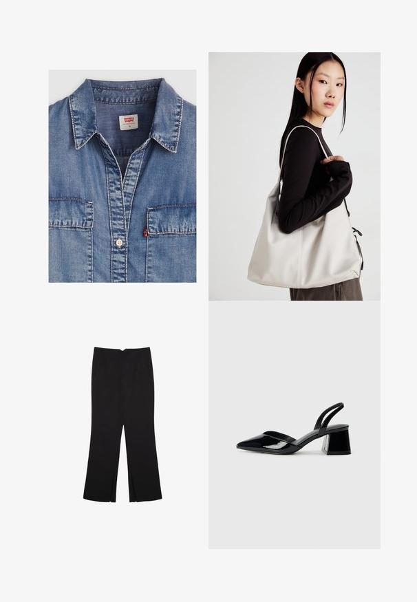 Chemise en denim bleu clair avec un col pointu, deux poches avant, fermeture à boutons et détails de coutures contrastantes. L'étiquette indique "Levi's".; Pantalon noir avec une coupe droite, doté de poches avant et d'éclairs sur l'ourlet. Fabriqué en tissu doux et lisse. Convient à diverses occasions.; Escarpins en cuir verni noir avec bout pointu et talon bloc géométrique. Présente un design élégant et minimaliste ainsi qu'une texture lisse.; Sac à main beige en matériau souple, avec un design décontracté, des détails cousus et deux poignées. Idéal pour un usage quotidien.