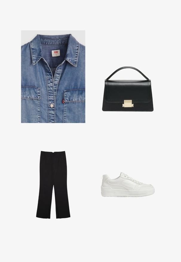 Hellblaues Jeanshemd mit spitzem Kragen, zwei Fronttaschen, Knopfverschluss und kontrastierenden Nähten. Das Etikett trägt die Aufschrift "Levi's."; Schwarze Hose mit geradem Schnitt, ausgestattet mit Fronttaschen und Seitenschlitzen am Saum. Hergestellt aus weichem, glattem Stoff. Geeignet für verschiedene Anlässe.; Weiße Leder-Sneaker mit glatter Textur, gepolstertem Knöchel und durchlöchertem Zehenbereich. Verfügt über eine leicht erhobene Gummisohle und Schnürdesign.; Schwarze Lederhandtasche mit strukturiertem Design, oberem Griff und einem goldenen Metallschnappverschluss auf der Vorderseite. Glatte Textur, minimale Nähte.