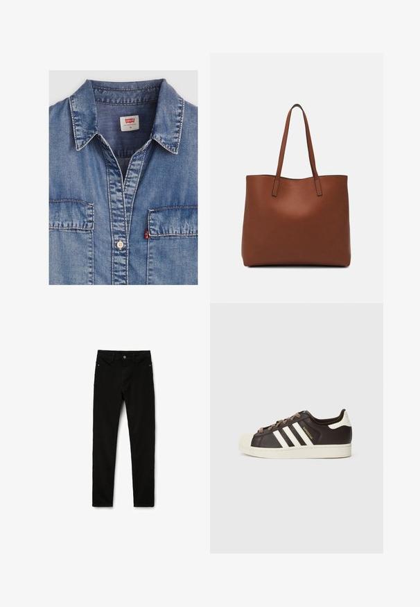 Light blue denim shirt featuring a pointed collar, two front pockets, button closure, and contrasting stitching details. Tag reads "Levi's."; Black jeans with a slim fit, made of denim, featuring a classic five-pocket design, front button closure, and belt loops.; Low-top Adidas Superstar sneaker in dark brown leather with cream shell toe, white stripes, and "Superstar" text on the side.; Brown leather tote bag with a smooth texture, open top design, and two shoulder straps. Features minimal stitching and no visible hardware.