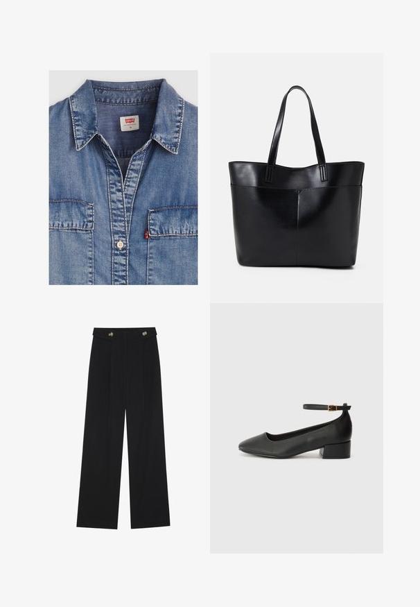 Lichtblauwe denim overhemd met een puntige kraag, twee voorzakken, knoopsluiting en contrasterende stikseldetails. Etiket zegt "Levi's."; Zwarte wijde broek met hoge taille, knoopdetails op de tailleband en plooien aan de voorkant.; Zwarte leren pump met een spitse neus en een lage blokhak. Beschikt over een enkelband met een goudkleurige gespsluiting. Gladde textuur.; Zwarte leren tote bag met twee lange handvatten, een zachte textuur en een gestructureerde vorm. Voorzien van een voorvak voor extra opslagruimte.