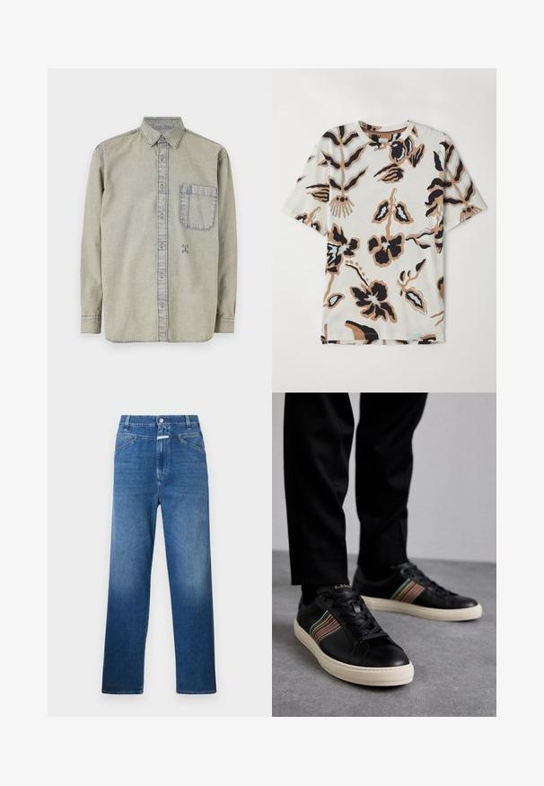 Camisa de jeans cinza claro com colarinho abotoado, mangas longas, um bolso no peito e um pequeno logótipo bordado no lado inferior esquerdo.; Camiseta de manga curta feita de tecido suave, apresentando um fundo creme com padrões florais abstratos em preto, castanho e azul claro.; Jeans de ganga azul com corte reto, apresentando um fecho de botão, passantes para cinto e desbotamento suave nas coxas.; Ténis pretos de pele com destaques em riscas multicoloridas, bico redondo e solas de borracha brancas, com design de atacadores e marcação em relevo.