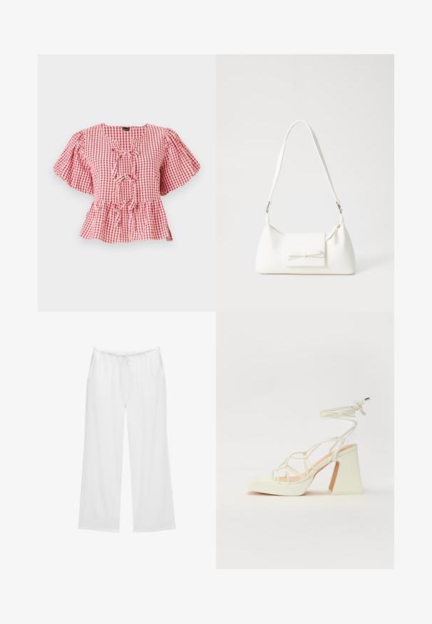 Röd och vit rutmönstrad blus med puffärmar, en knytning vid halsen och en peplumslutning. Tillverkad av lättviktsmaterial.; Vita vida byxor i mjukt tyg, med resårlinning och dragsko samt två sidofickor. Enkel och ren design.; Vit högklackad sandal med en kraftig klack, med ett remdesign och ankelband. Slät textur med en plattform framtill för ökad höjd.; Vit syntetisk handväska med triangulär form, platt framklaff och rosettdetalj, justerbar rem, slät textur och minimalistisk design.