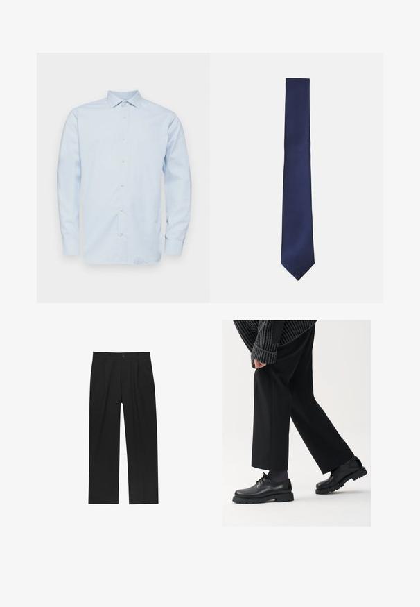 Lichtblauw overhemd met lange mouwen, een puntige kraag, knoopsluiting en een subtiel ruitpatroon. Gemaakt van een soepele stof met een gestructureerde pasvorm.; Zwarte broeken met een recht model, gemaakt van een gladde stof. Voorzien van een voorplooien en een enkele knoopsluiting bij de taille.; Zwarte leren schoenen met een afgeronde neus, vetersluiting en een dikke, getextureerde zool. Draagt een gepaste zwarte broek en een geribbelde trui.; Marineblauwe stropdas met een gestructureerd schuin ribbelpatroon. Het heeft een puntige punt en een slanke, smalle vorm. Gemaakt van gladde stof.