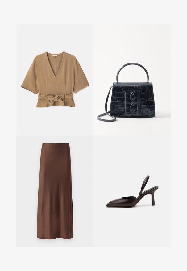 Bluză maro texturată cu decolteu adânc în V, mâneci scurte și detalii cu curea legată în talie, având un ornament ondulat pe curea.; Fustă midi din satin maro, cu o textură netedă, având o croială dreaptă și fără imprimeuri sau ornamente vizibile. Design simplu și elegant.; Pump slingback din piele lacuită maro, cu vârf ascuțit și toc subțire, înalt. Prezintă un design elegant și o textură de suprafață fină.; Geantă din piele cu model de crocodil negru, cu un design structurat, mână superioară, curea ajustabilă și un detaliu proeminent cu logo pe față.