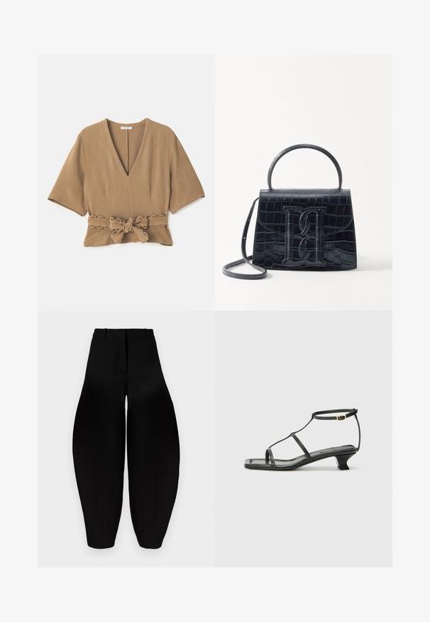 Pruun tekstuuriga pluus sügava V-kaelusega, lühikeste varrukatega ja vööl kinnitatud seotud detailiga, millel on laineline äär vööl.; Mustad vööga laiad püksid, millel on pleeritud esikülg ja kitsenevad pahkluud. Valmistatud siledast kangast mattpinnaga.; Must värviline nahk sandaal ruudukujulise varbaga, õhukeste rihmadega, kohandatava pahkluu rihmaga ja madala kandaga. Rihmal on väike kuldne aktsent.; Must musta krokodillimustriga nahast käekott, millel on struktureeritud disain, ülemine käepide, reguleeritav rihm ja silmapaistev esiküljel logo detail.