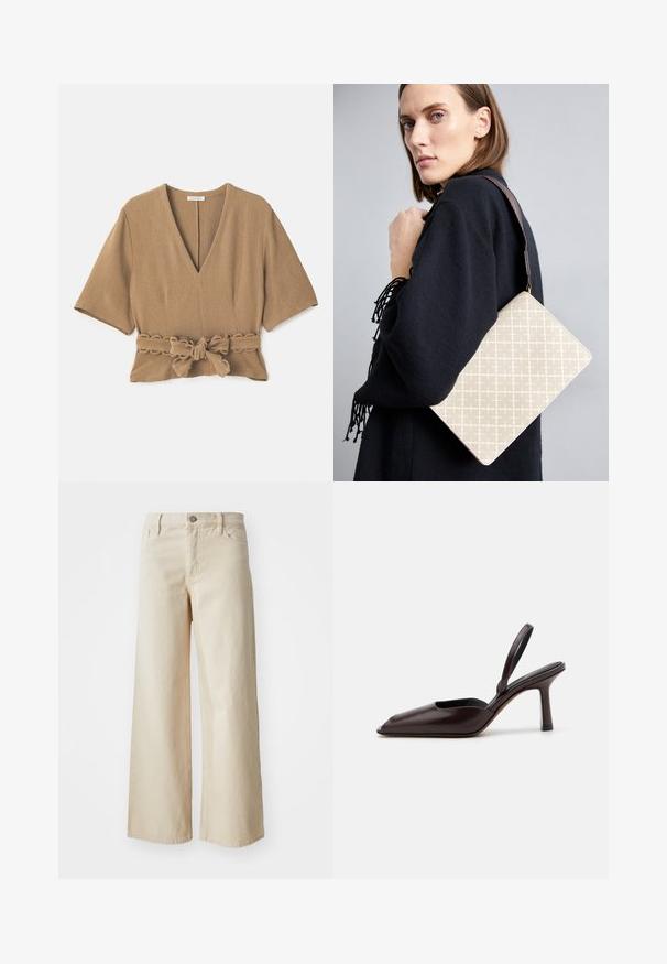Brown textured blouse with a deep V-neck, short sleeves, and a tied belt detail at the waist, featuring wavy trim on the belt.; Beige wide-leg jeans made of denim, featuring a high waist, button closure, belt loops, and side pockets. Smooth texture and relaxed fit.; Brown patent leather slingback pump with a pointed toe and a slim, high heel. Features a sleek design and smooth surface texture.; Beige patterned shoulder bag with a structured shape, featuring a brown textured strap. Worn on a model against a gray background.