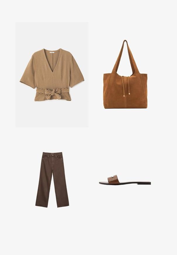 Brun, struktureret bluse med dyb V-udskæring, korte ærmer og en bundet bælte detalje i taljen, med bølget kant på bæltet.; Bredde ben brun denim jeans med høj talje, forlommer og klassisk knaplukning. Glat tekstur med diskret syninger.; Brun lædersandal med flad sål, der har en bred rem og hvide geometriske detaljer for et minimalistisk design.; Brun ruskinds-tote med to lange stropper, snørelukning og minimalistisk design. Glat tekstur og ingen synlige hardware-detaljer.