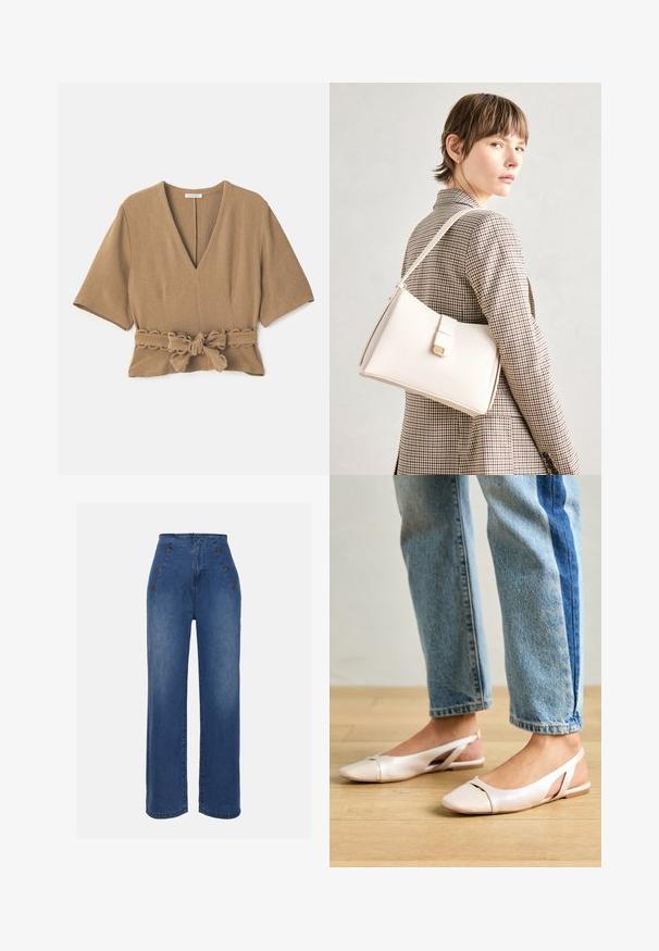 Blusa marrone testurizzata con scollo a V profondo, maniche corte e un dettaglio con cintura annodata in vita, caratterizzata da un bordo ondulato sulla cintura.; Jeans in denim a vita alta di un blu medio. Presentano dettagli con bottoni frontali e un design a gamba ampia. Il tessuto ha una texture liscia con un leggero sbiadimento.; Ballerine slingback rosa pallido con punta affusolata, realizzate in un materiale simile alla pelle liscio. Presentano dettagli a taglio sui lati e un tacco piatto.; Borsa a mano in pelle bianca con un design strutturato, presente di un clasp magnetico e una tracolla, esposta su uno sfondo neutro.