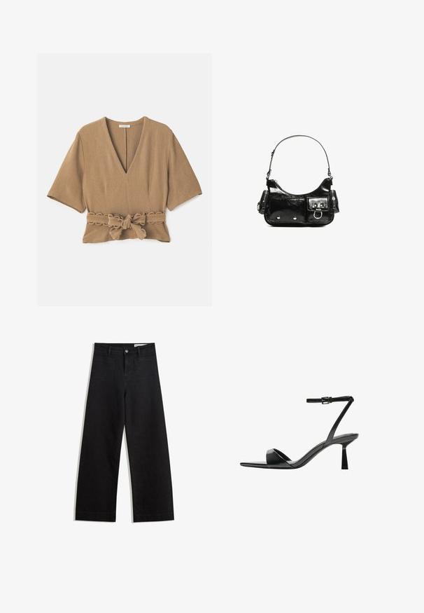 Smeđa bluzica s teksturom, dubokim V-izrezom, kratkim rukavima i detaljem u obliku vezice na struku, koji ima valoviti rub.; Crne široke traperice s visokim strukom, s prednjim i stražnjim džepovima, šivenim šavovima i kopčanjem na gumb. Glatka tekstura.; Bershka Sandale s visokom petom - black; Crna patentna kožna torba s zakrivljenim oblikom, jednim remenom za rame, prednjim džepovima i akcentima od srebrnog tona.