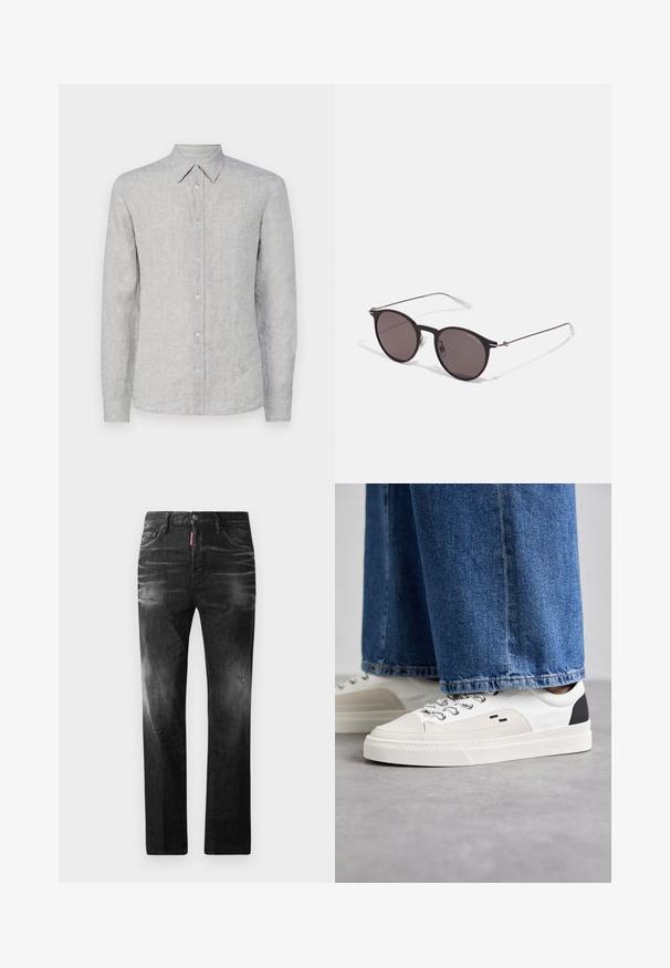 J.LINDEBERG SLIM MELANGE - Camisa - oil green; Jeans de mezclilla negra con un corte recto. Presentan áreas desgastadas, un ligero desgasto, diseño clásico de cinco bolsillos y cierre de botón.; Zapatillas blancas y negras con una parte superior de cuero suave, acentos texturizados y una suela blanca gruesa. Presenta un diseño clásico de cordones.; Gafas de sol redondas negras con lentes oscuros y brazos metálicos delgados. Incluye puntas de varilla transparentes y acentos plateados en la bisagra. Diseño minimalista.